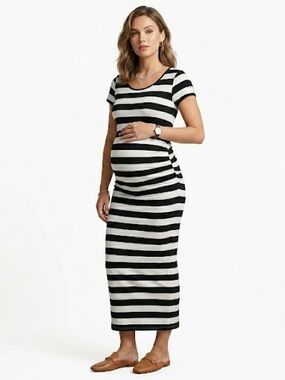 Isabel Maternity Striped Ruched Bodycon T-Shirt Dress Black White S